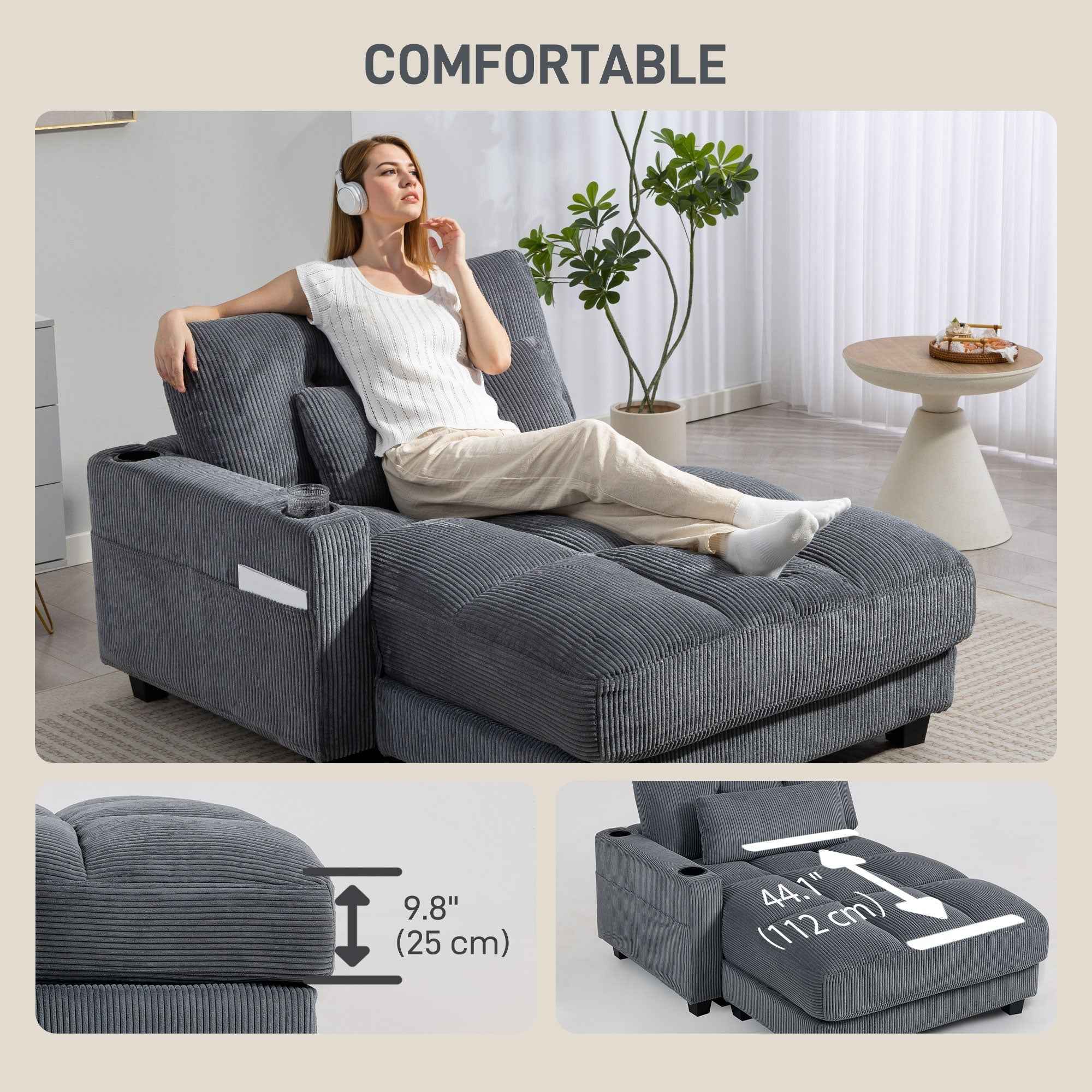 Andi Corduroy Chaise Lounger with 2 Cup Holders-Dark Grey