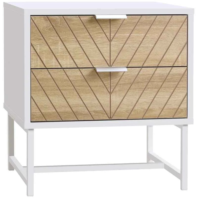 Emery Modern Bedside Table with 2 Drawers and Steel Legs-White/Oak