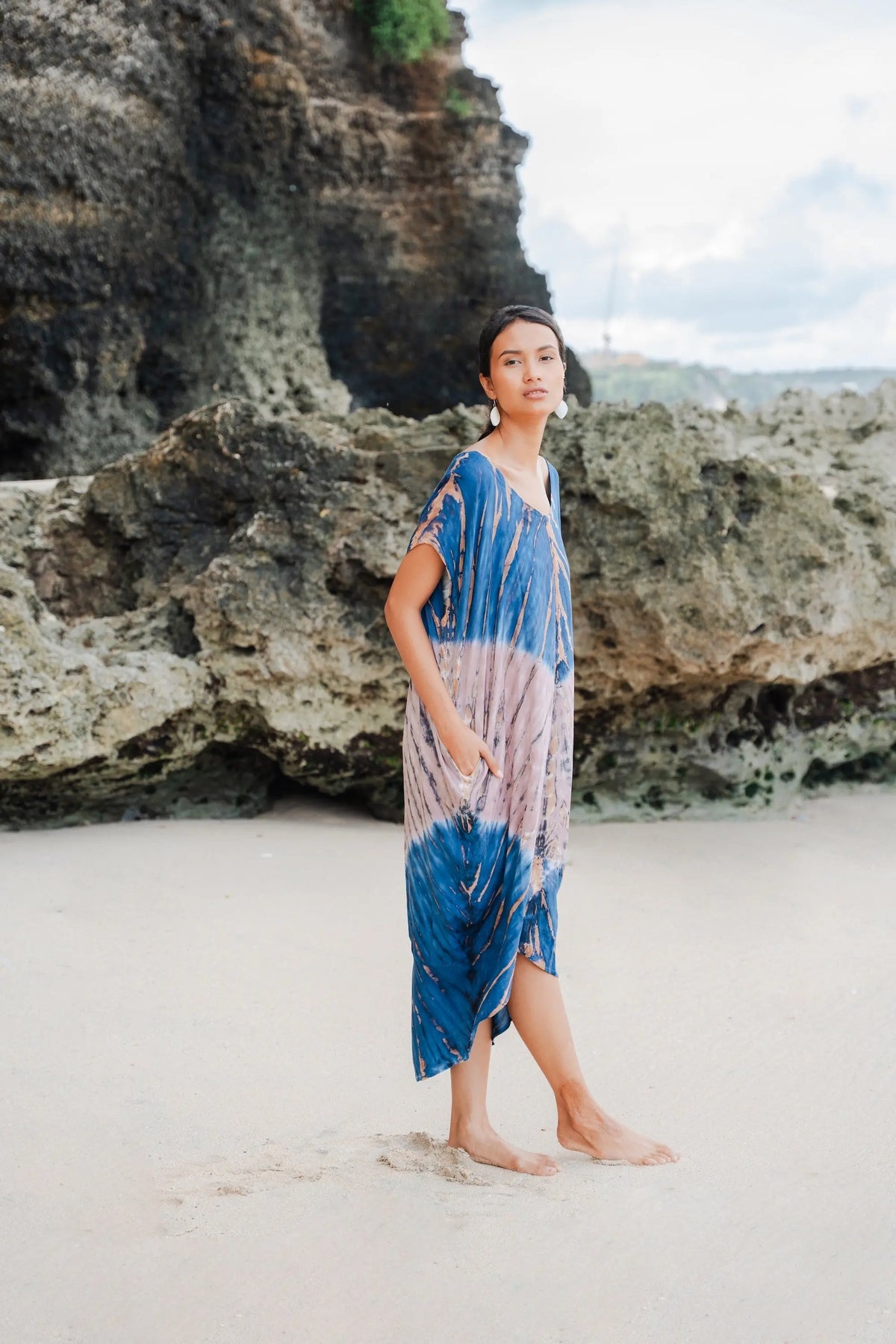 Pink and blue tie-dye kaftan dress with ombre design from Suzie Blue Canada, flowing fabric and relaxed fit.