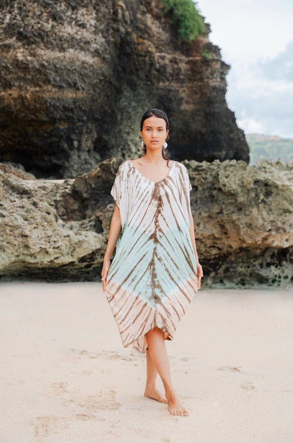 Tie dye kaftan dress in lapis ombre with mint and brown colors, by Suzie Blue Canada, featuring flowing fabric and relaxed fit.