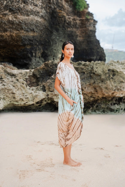 Tie dye kaftan dress with lapis ombre mint and brown colors, featuring flowing fabric and relaxed fit by Suzie Blue Canada.