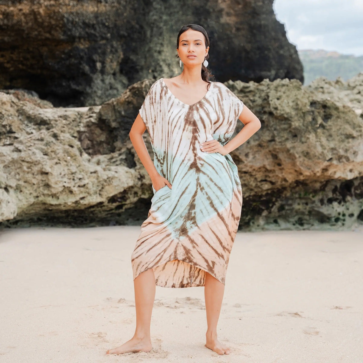Tie dye kaftan dress by Suzie Blue Canada in lapis ombre with mint and brown tones, flowing and lightweight for a relaxed look.