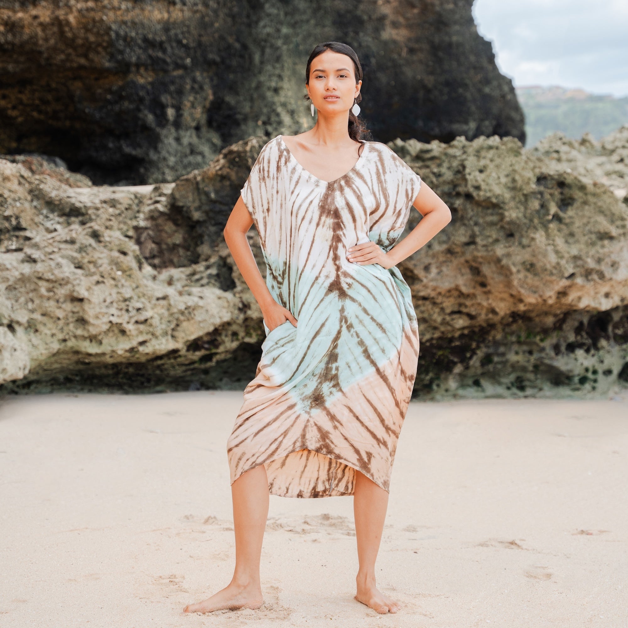 Tie Dye Kaftan Dress - Lapis Ombre Mint & Brown - Shopthatapp.ca