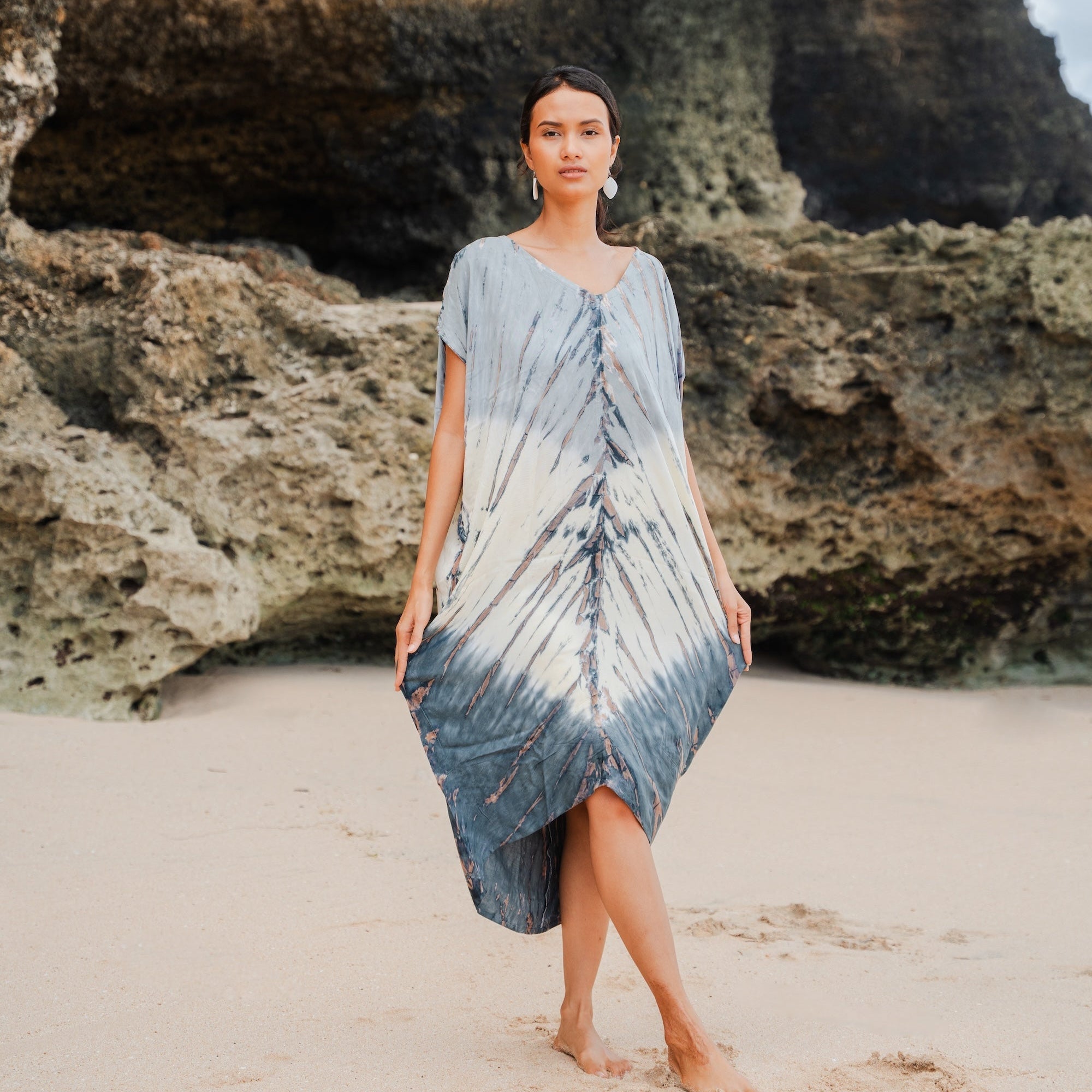 Tie Dye Kaftan Dress in Cream & Grey Ombre Lapis Design - Shopthatapp.ca