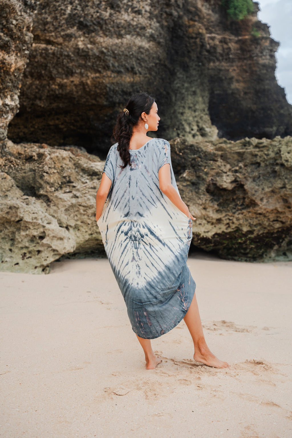 Tie Dye Kaftan Dress in Cream & Grey Ombre Lapis Design - Shopthatapp.ca
