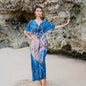 Tie dye maxi dress in lapis ombre with blue and pink shades by Suzie Blue Canada, flowing and vibrant for casual wear