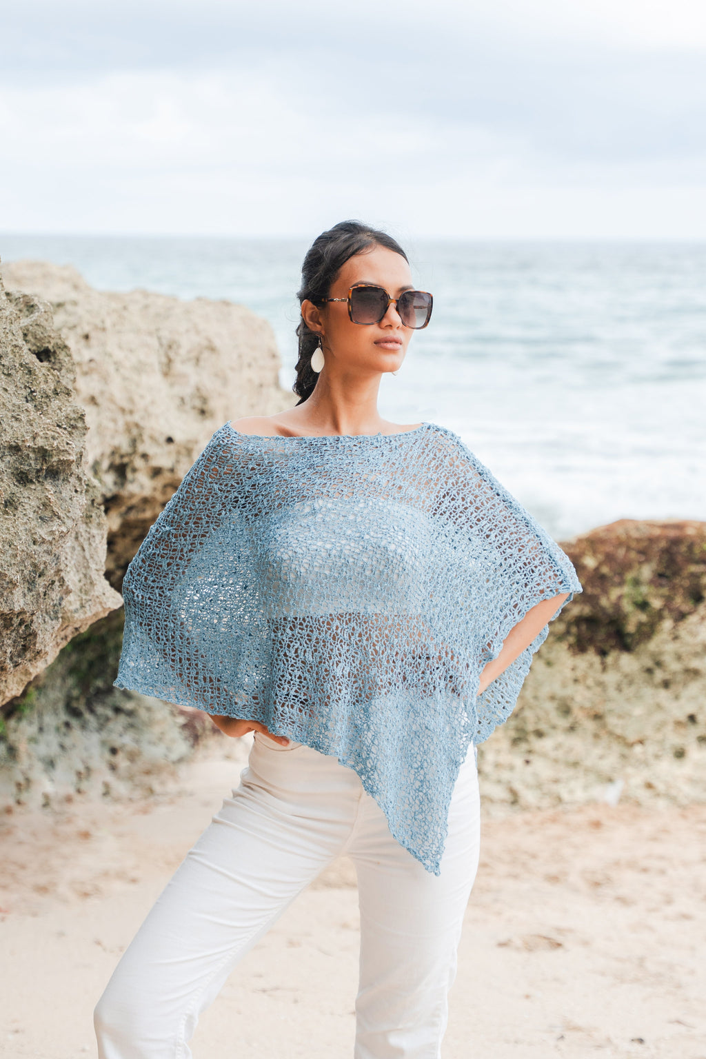 Short Popcorn Knit Poncho - Sky Blue - Shopthatapp.ca