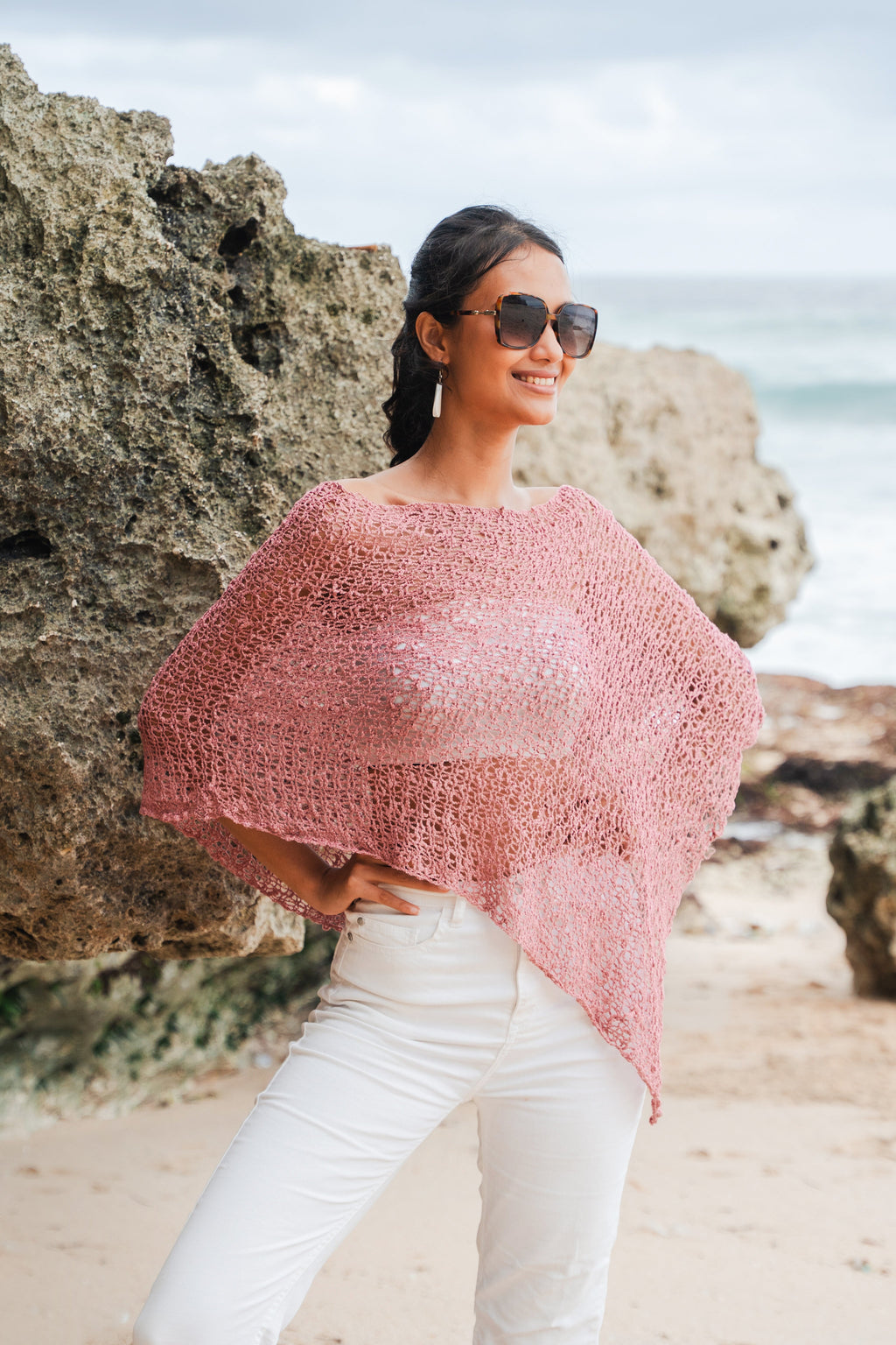 Short Popcorn Knit Poncho - Dusty Pink - Shopthatapp.ca
