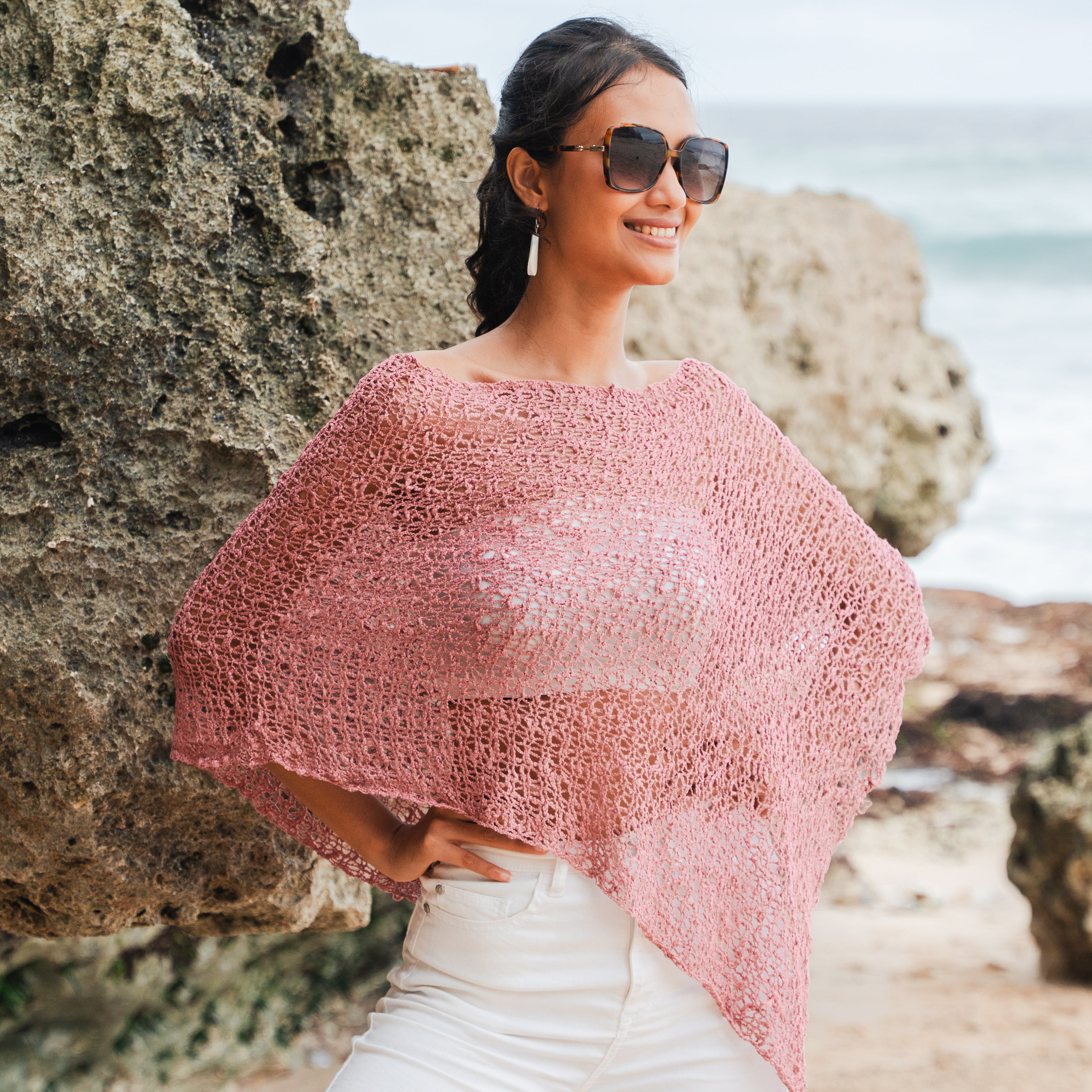 Short Popcorn Knit Poncho - Dusty Pink - Shopthatapp.ca