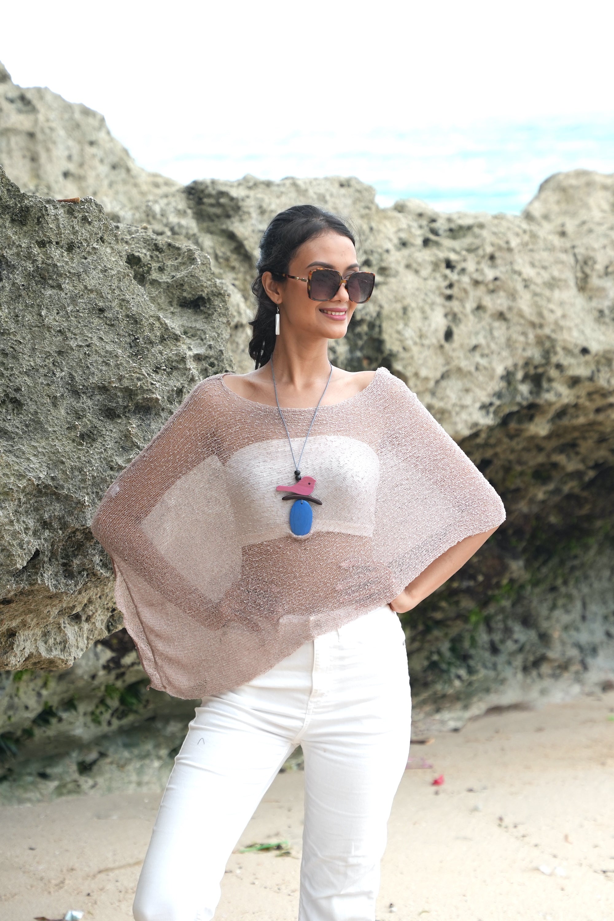 Sheer Mesh Poncho Taupe - Elegant Layering for Every Occasion - Shopthatapp.ca