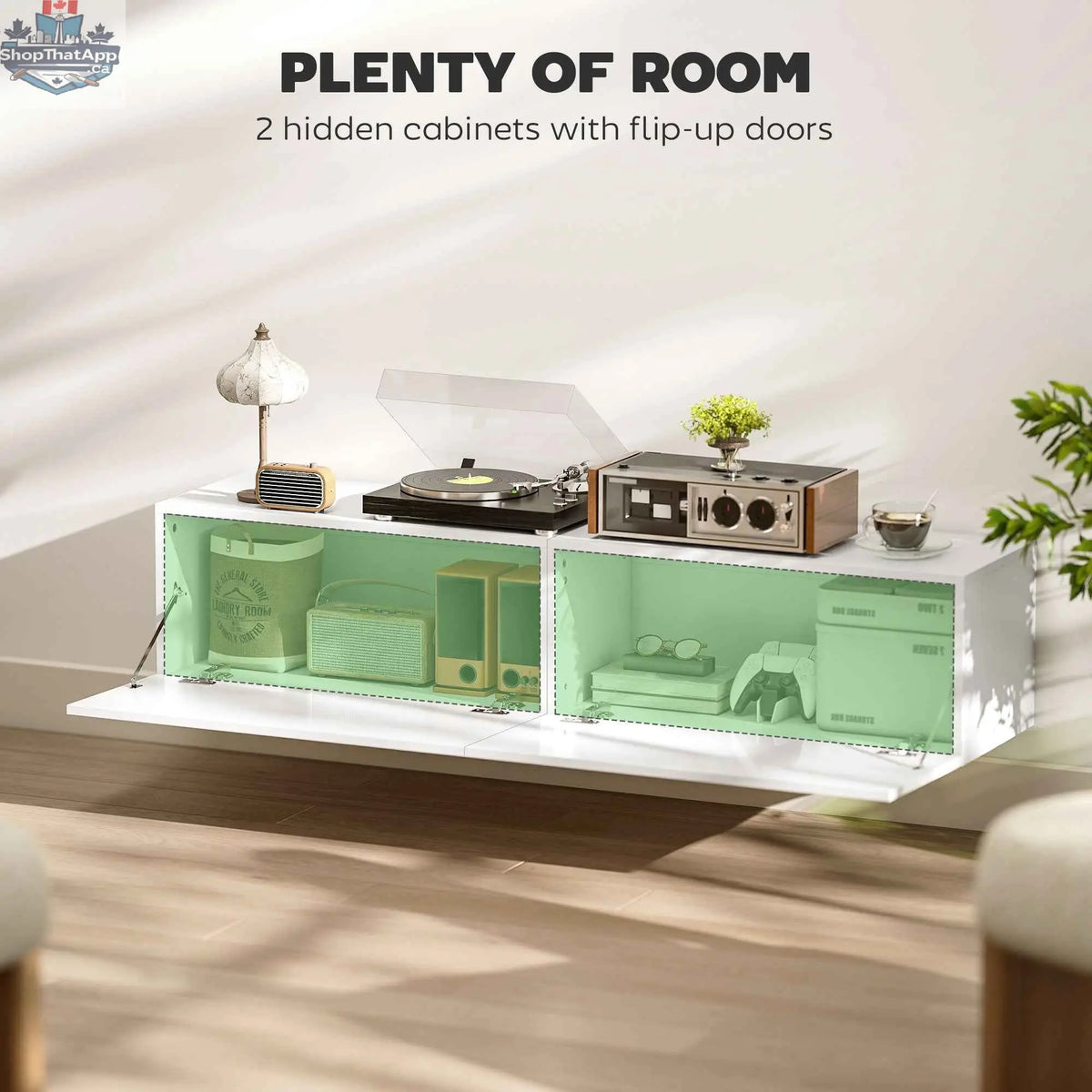 SLOTH Nation Hunter floating TV stand with storage cupboards, white finish, designed for TVs up to 65 inches, modern living room furniture