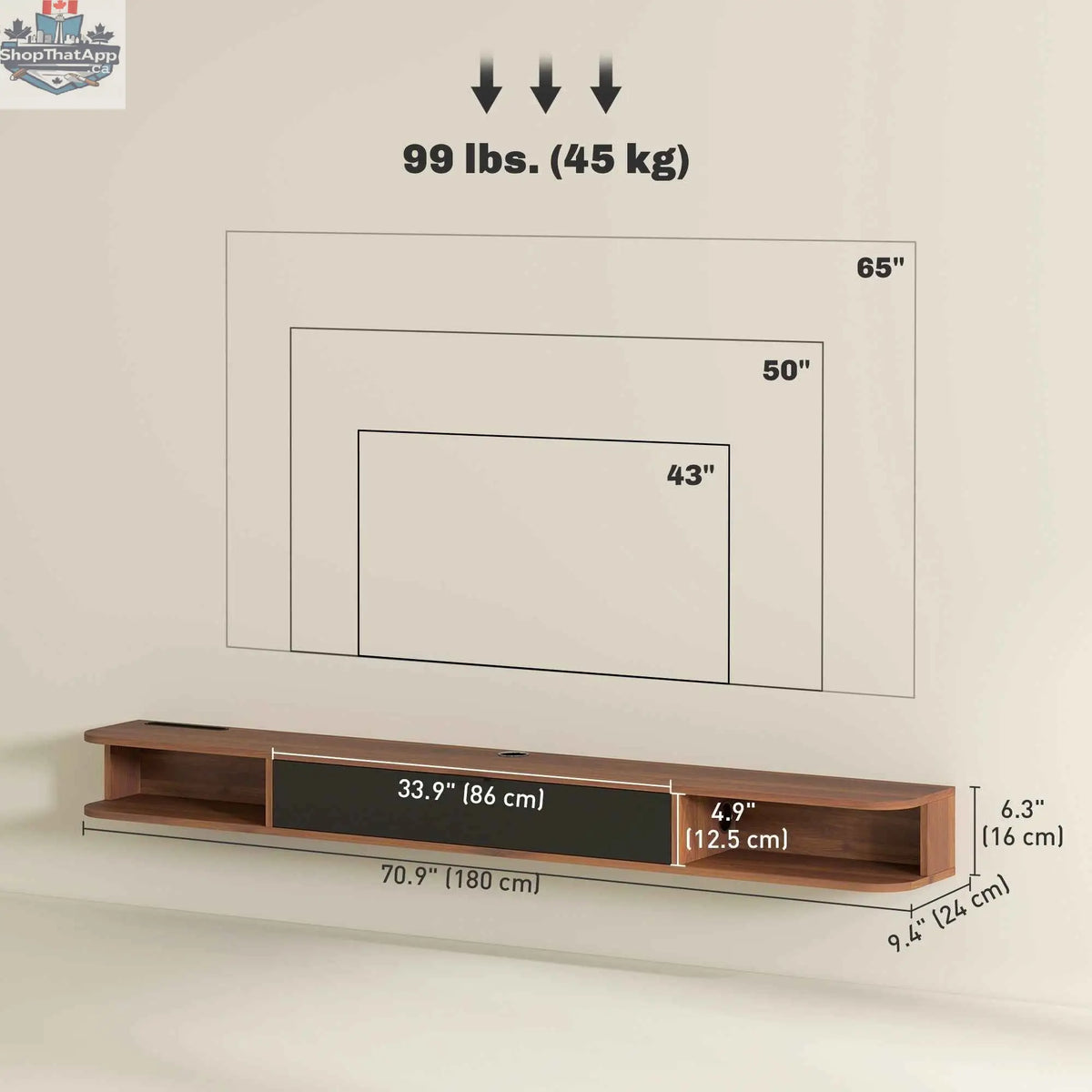 Walnut Lennox floating TV stand for up to 75-inch TVs with a flip drawer, modern home furnishings by SLOTH Nation