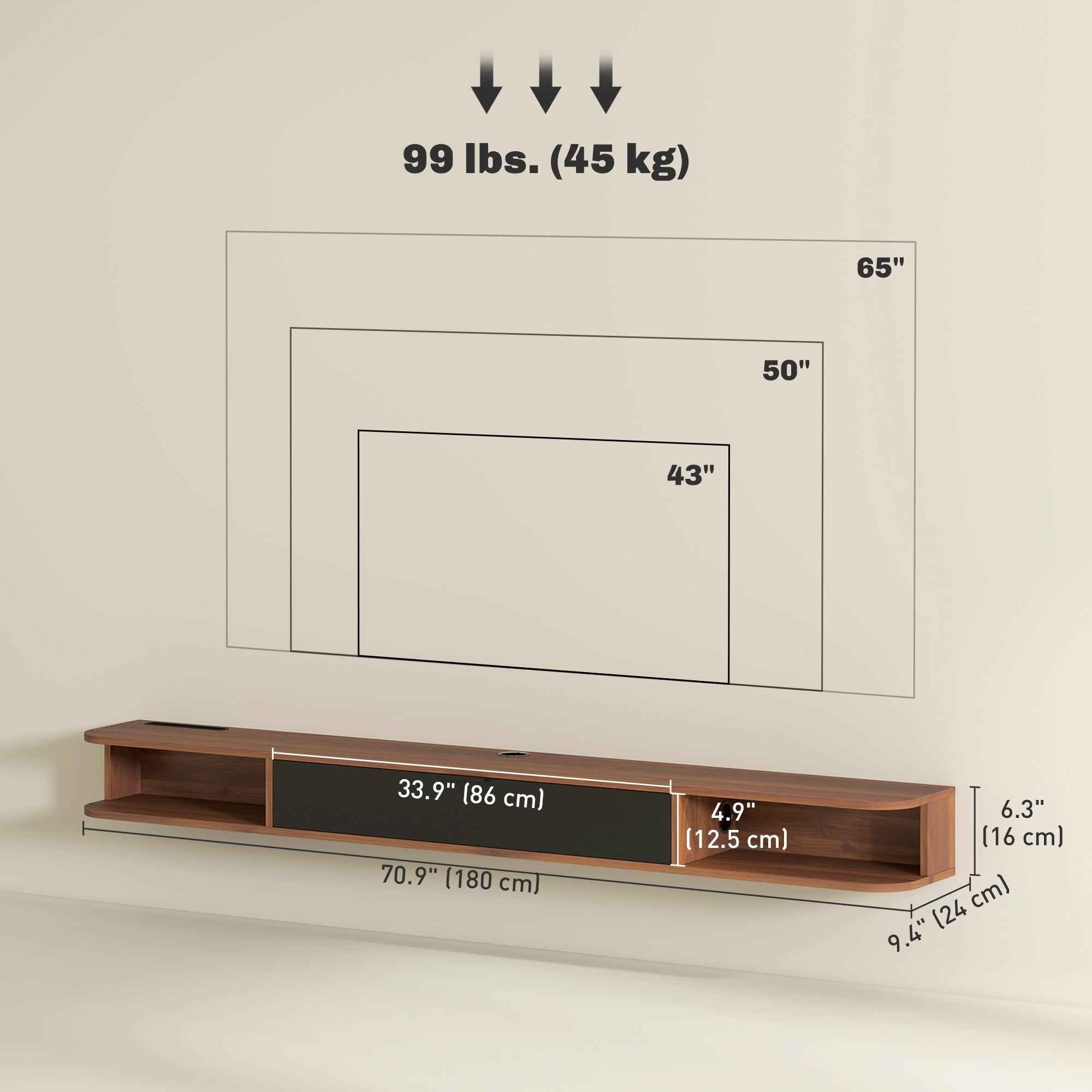 Lennox Floating TV Stand for TVs up to 75" with Flip Drawer-Walnut