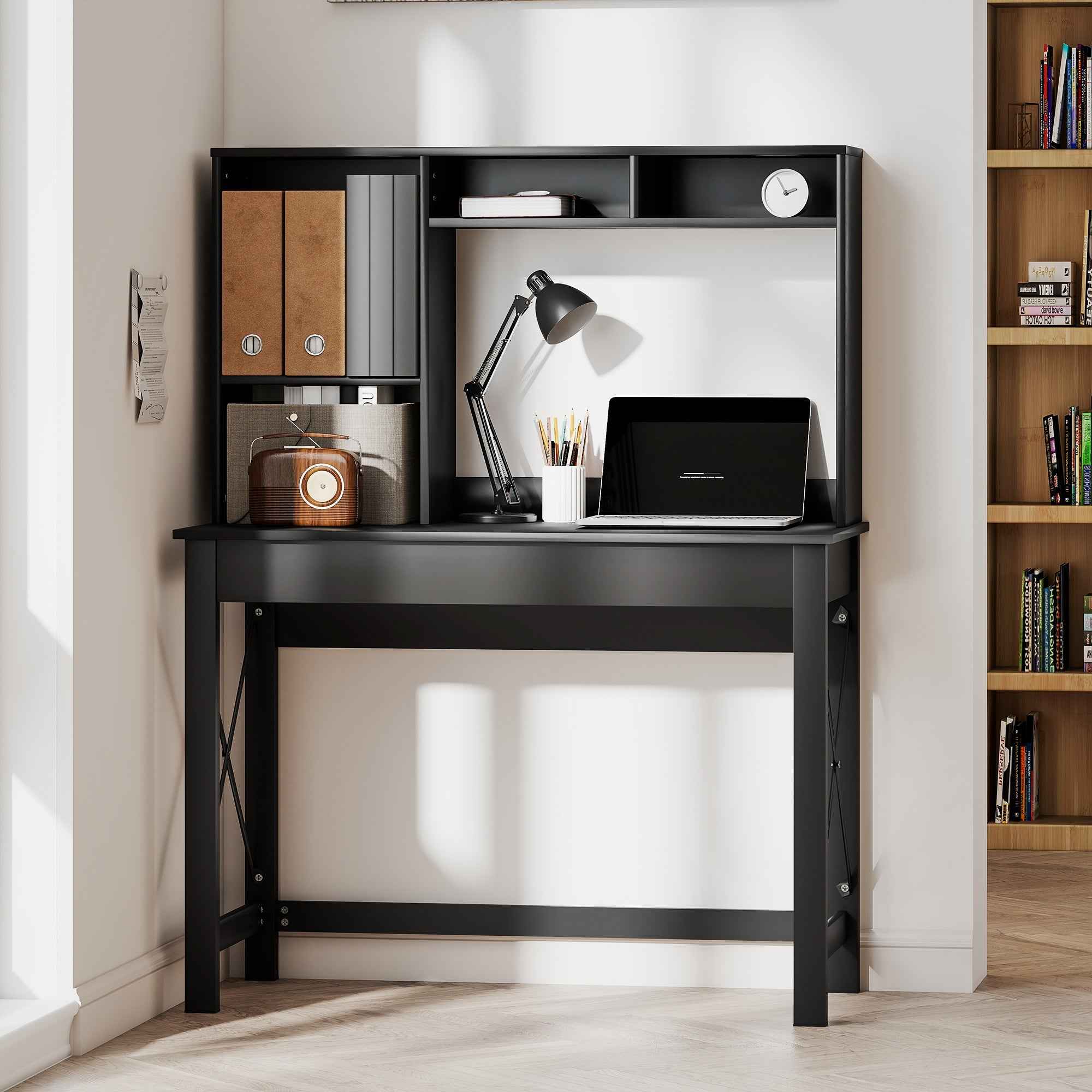 Sloan Computer Desk with Hutch and Storage Shelves-Black