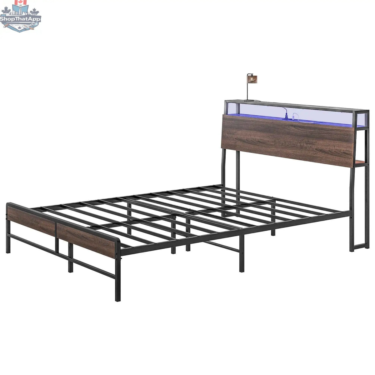 SLOTH Nation Logan queen size bed frame with integrated LED lights, featuring a modern design and sturdy wooden construction.