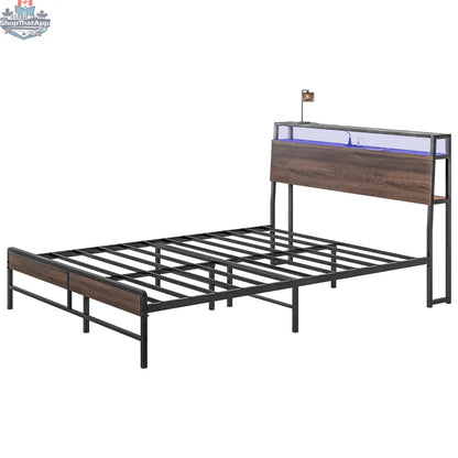 SLOTH Nation Logan queen size bed frame with integrated LED lights, featuring a modern design and sturdy wooden construction.