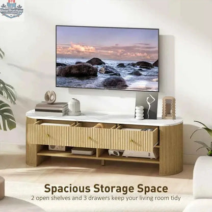 Modern SLOTH Nation Colby TV stand with marble-effect top, natural finish, and storage drawers for living room furniture.
