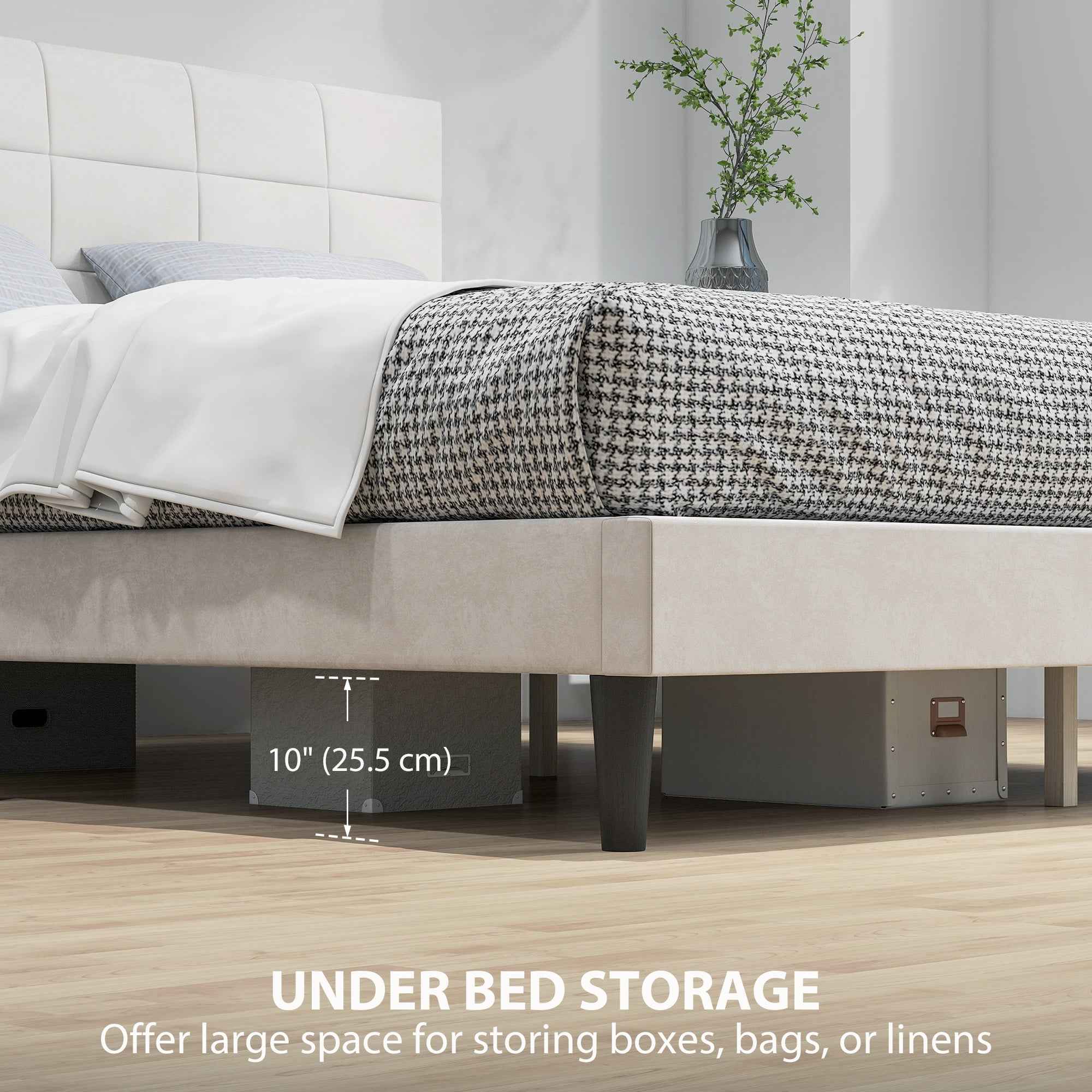 Harper Queen Size Bed Frame with Upholstered Headboard-Cream White