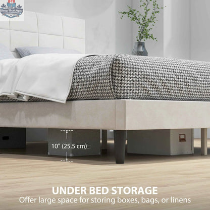 Cream white Harper queen size bed frame with upholstered headboard from SLOTH Nation, showcasing a stylish bedroom furniture piece.