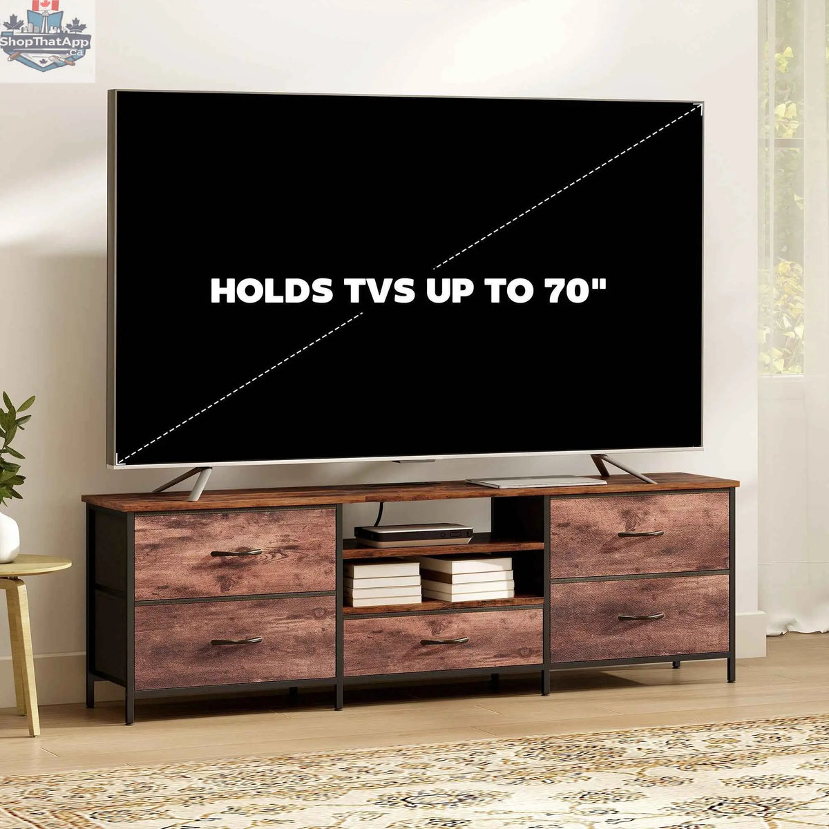 Rustic brown Jamie TV stand by SLOTH Nation with built-in charging station for TVs up to 70 inches, ideal for modern living rooms.