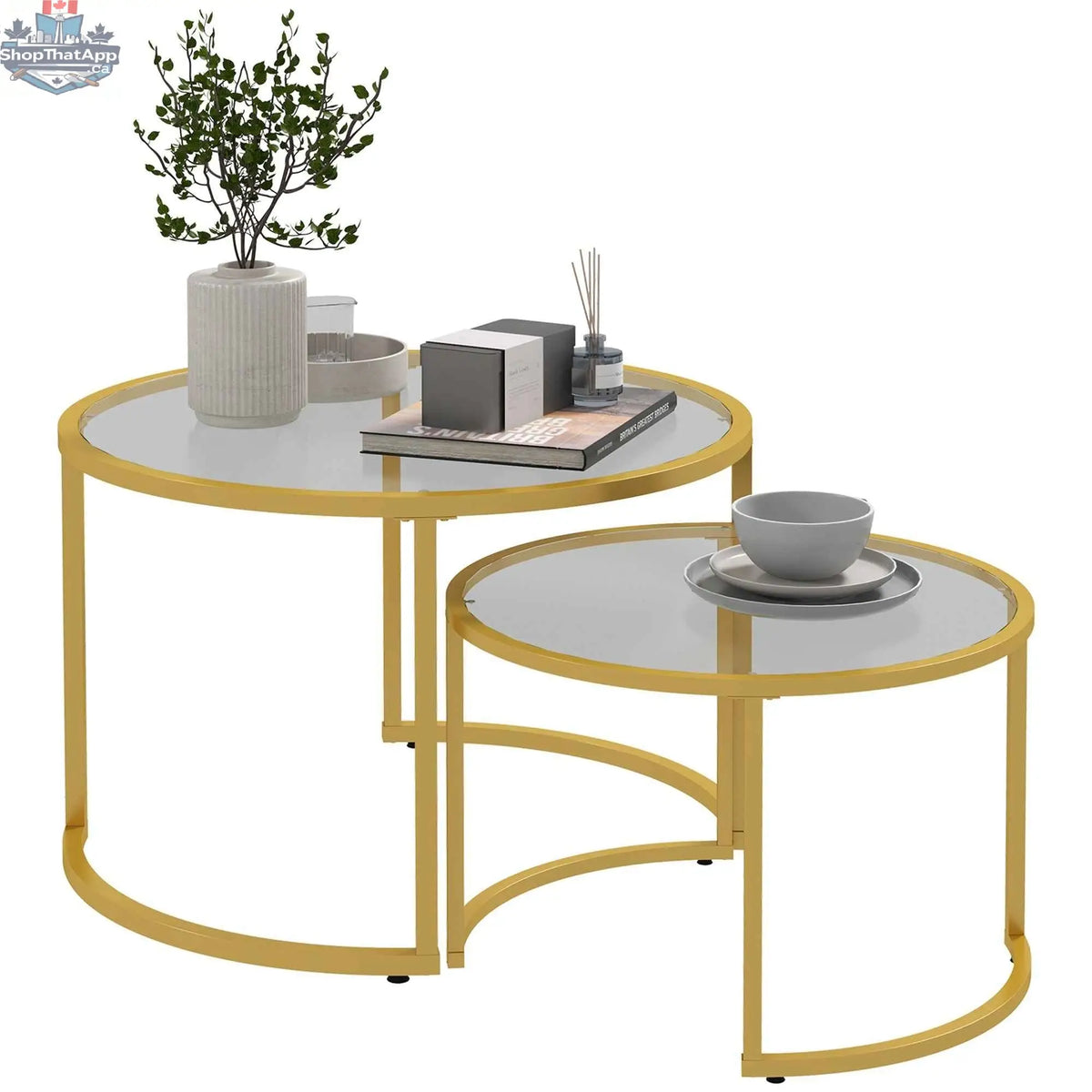 Pair of modern nesting coffee tables with gold finish and tempered glass tops by SLOTH Nation, stylish and functional furniture.