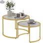 Pair of modern nesting coffee tables with gold finish and tempered glass tops by SLOTH Nation, stylish and functional furniture.