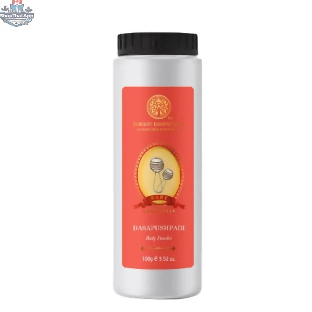 Forest Essentials Baby Body Powder Dasapushpadi in a white container with a pink lid, soft powder with floral scent, for gentle skincare.