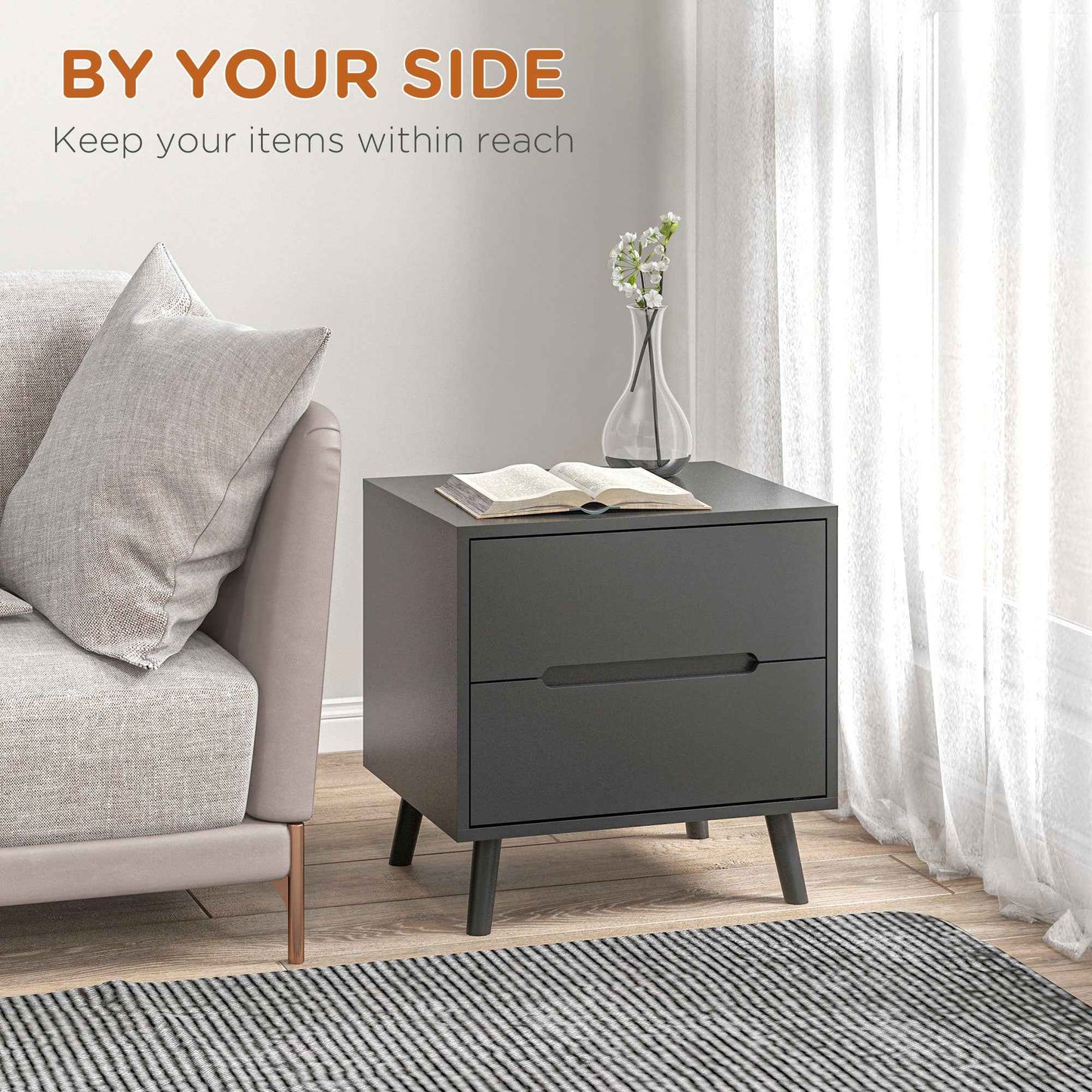 Willow Modern Nightstand/End Table with 2 Drawers-Black