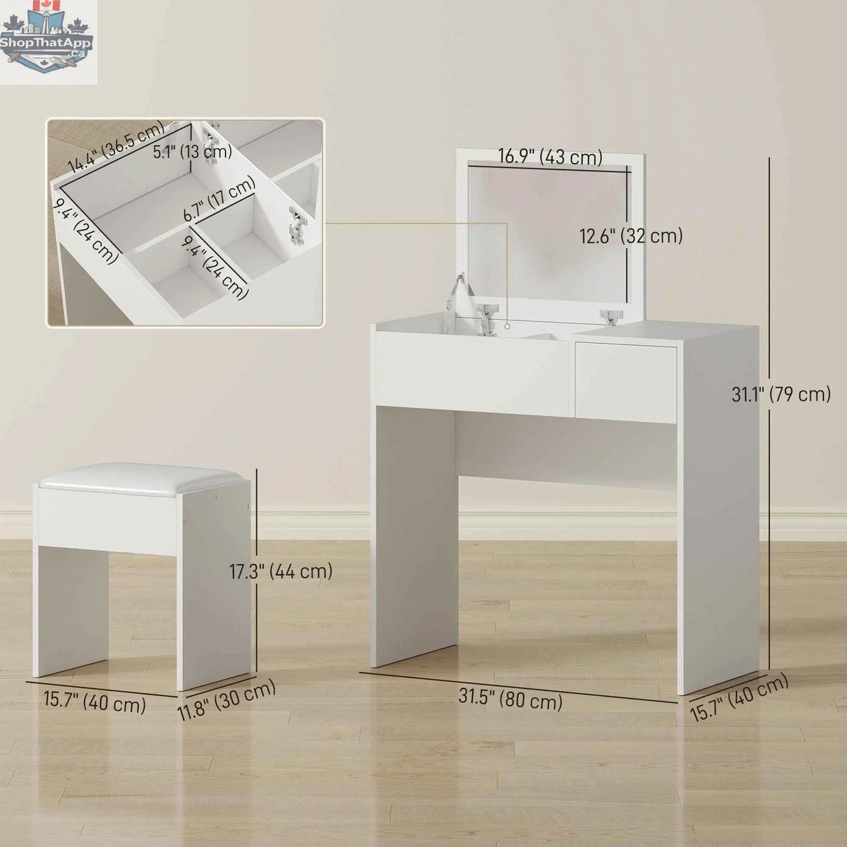 White Mia Modern Vanity Set with flip-top mirror by SLOTH Nation, featuring a sleek bedroom furniture design with a spacious tabletop.