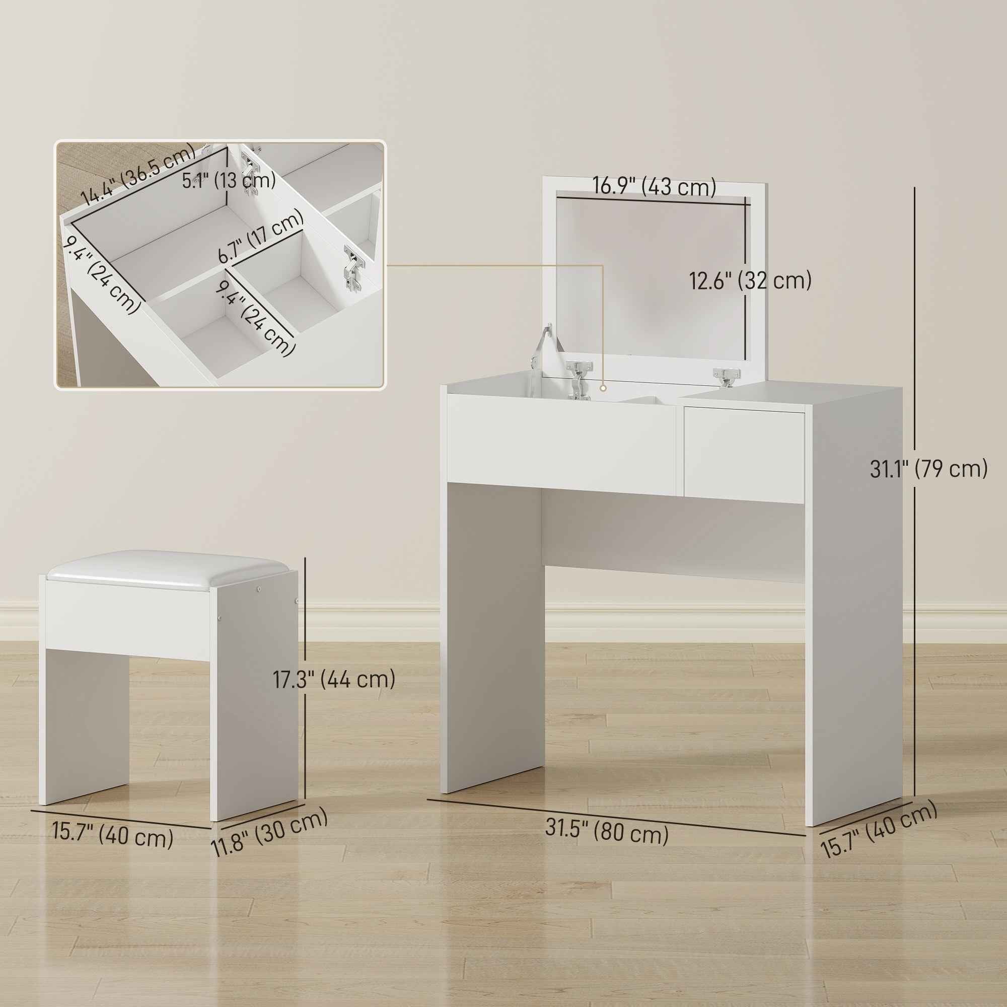 Mia Modern Vanity Set with Flip Top Mirror-White