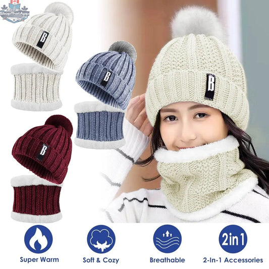 Women’s winter beanie hat and scarf set from EX-STOCK Canada, featuring warm knit skull cap and neck warmer for outdoor activities.