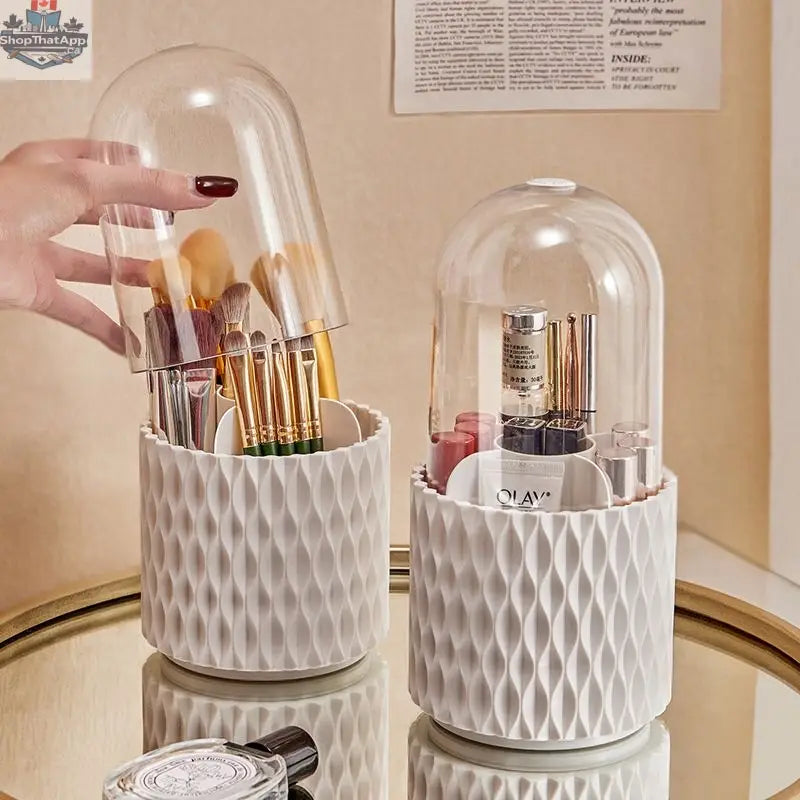 Transparent 360 rotating makeup brush organizer with large capacity, designed to hold and display various makeup brushes securely.
