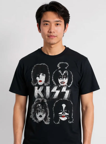 Black KISS Dynasty Cover T-Shirt by Little Guitars, featuring band artwork on the front, made from comfortable clothing material.