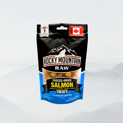 ROCKY MOUNTAIN RAW RMR Freeze-Dried Salmon Dog Treat Pack Taster, 50g, showcasing dried salmon pieces for pet treats.