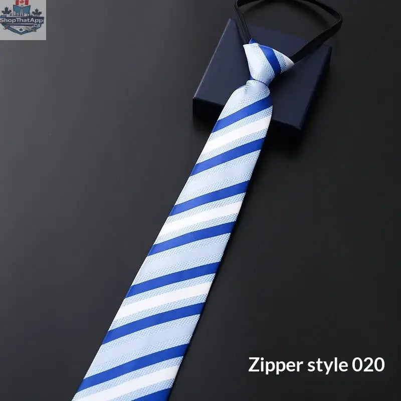 Mens Business Formal Zipper Tie With Blue Stripes - Shopthatapp.ca