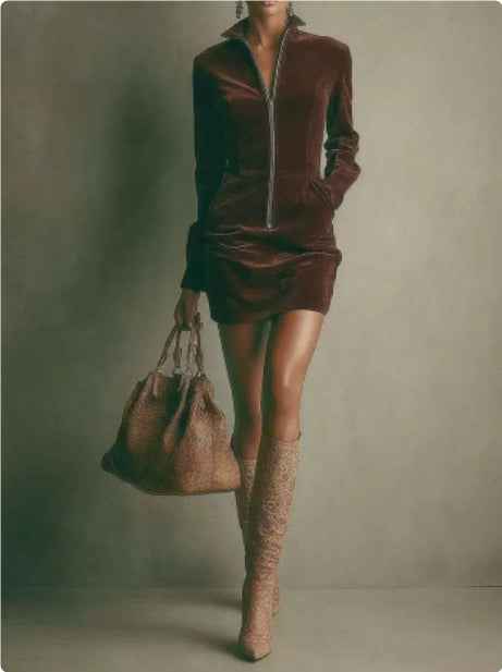 Women's Deerskin Velvet Zipper Dress - Long Sleeve Mini Dress