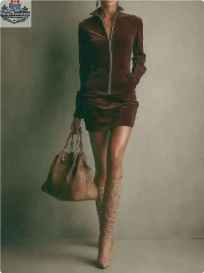 Women's Deerskin Velvet Zipper Dress - Long Sleeve Mini Dress - Shopthatapp.ca