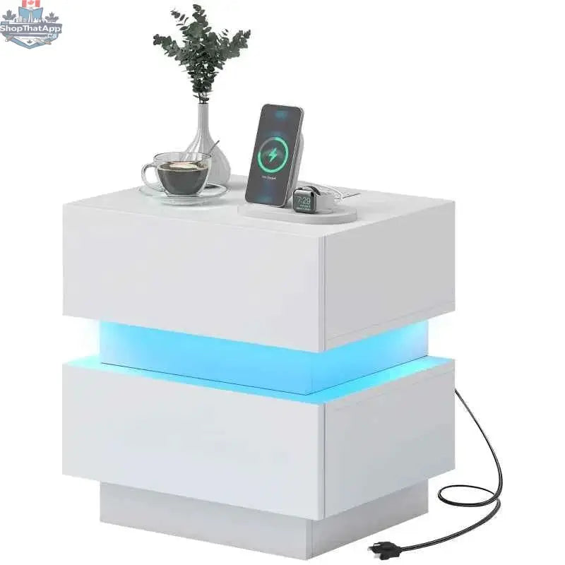 Black Emma bedside table by SLOTH Nation with USB ports, charging station, and integrated LED light for bedroom furniture.