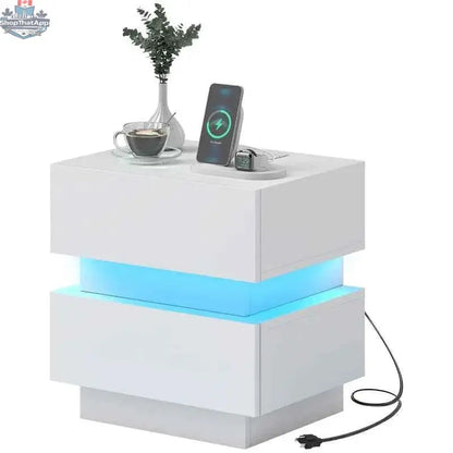 Black Emma bedside table by SLOTH Nation with USB ports, charging station, and integrated LED light for bedroom furniture.