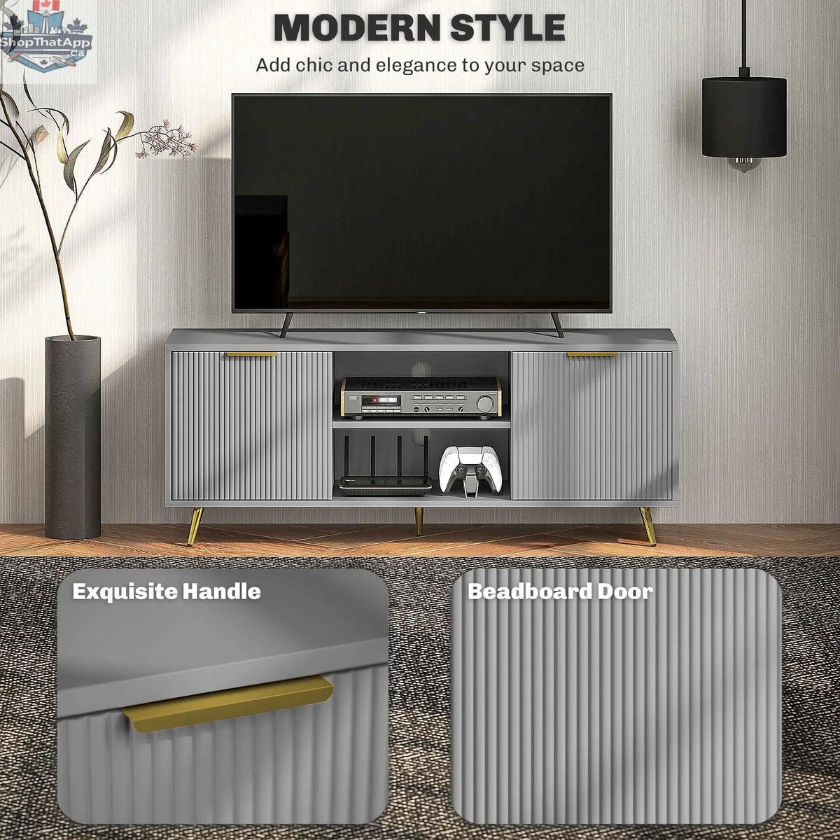 SLOTH Nation Collins modern grey TV stand for up to 55 inch TVs, featuring clean lines and spacious storage in a contemporary design.