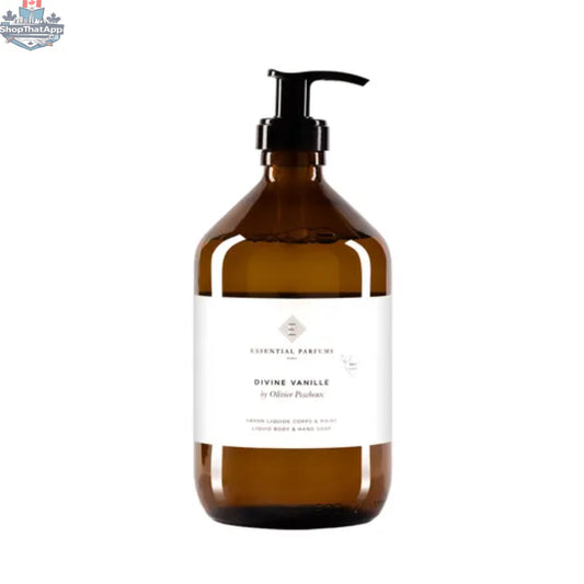 Essential Parfums Divine Vanille hand and body soap in 500ml bottle, featuring creamy vanilla scent and moisturizing formula.