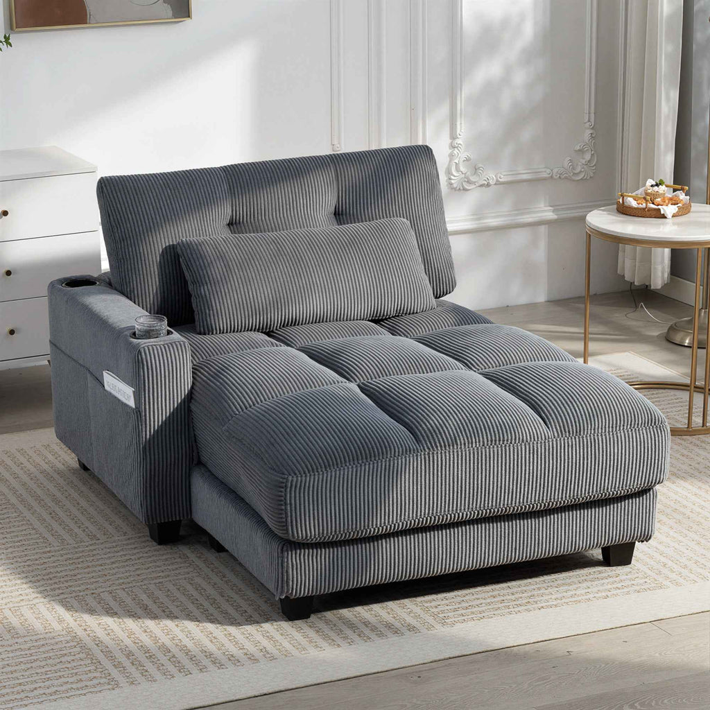 Andi Corduroy Chaise Lounger with 2 Cup Holders-Dark Grey