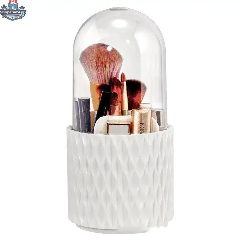 Transparent 360 rotating makeup brush organizer with large capacity, designed to hold and organize multiple makeup brushes efficiently.