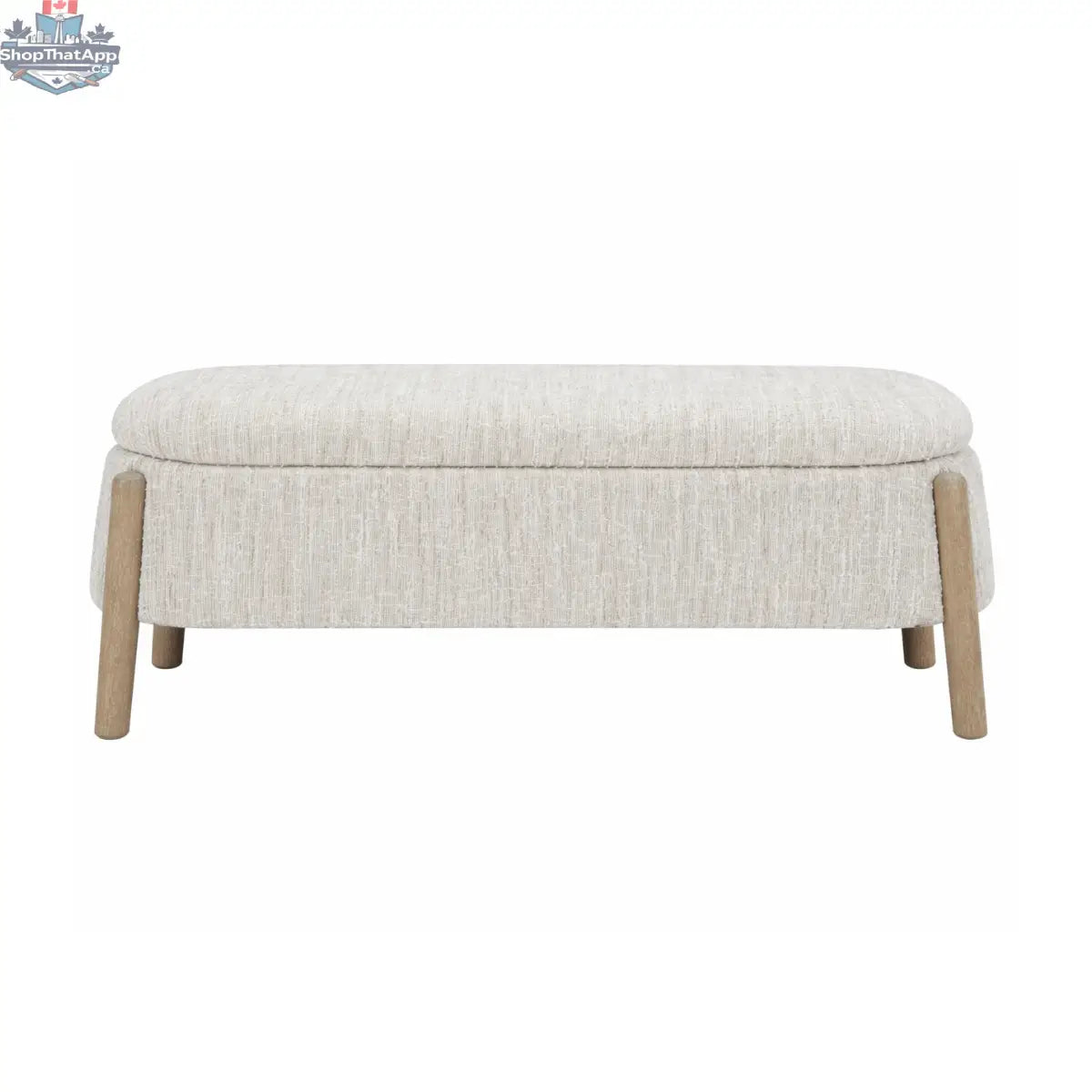 Cream textured fabric Aero Storage Bench with wooden legs from Hygge Design House, ideal for living room or entryway storage.