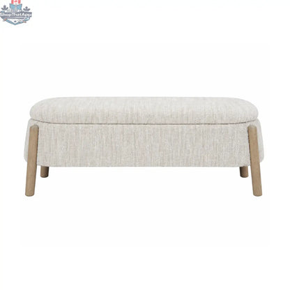 Cream textured fabric Aero Storage Bench with wooden legs from Hygge Design House, ideal for living room or entryway storage.