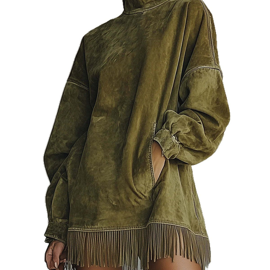 Women's Loose Tassel Suede Dress - Long Sleeve Pocket Dress