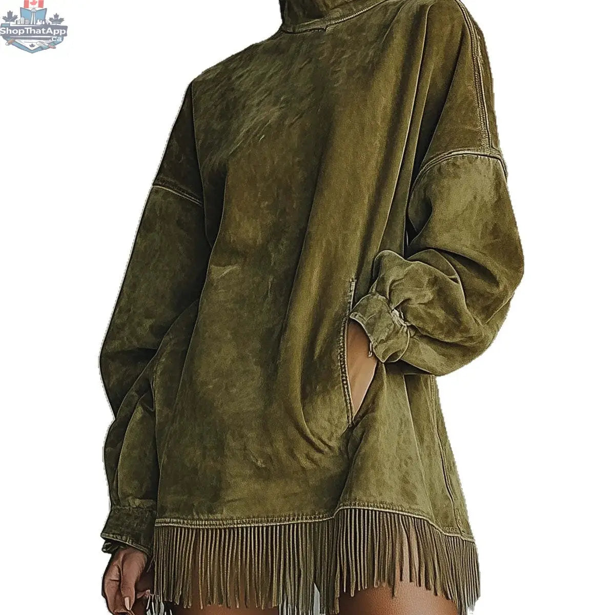 Women's Loose Tassel Suede Dress - Long Sleeve Pocket Dress - Shopthatapp.ca