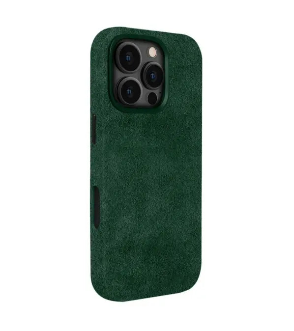Green Alcantara iPhone 16 Pro case by Carbon Loom, showcasing a stylish and textured protective cover for the device.