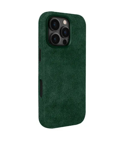 Green Alcantara iPhone 16 Pro case by Carbon Loom, showcasing a stylish and textured protective cover for the device.