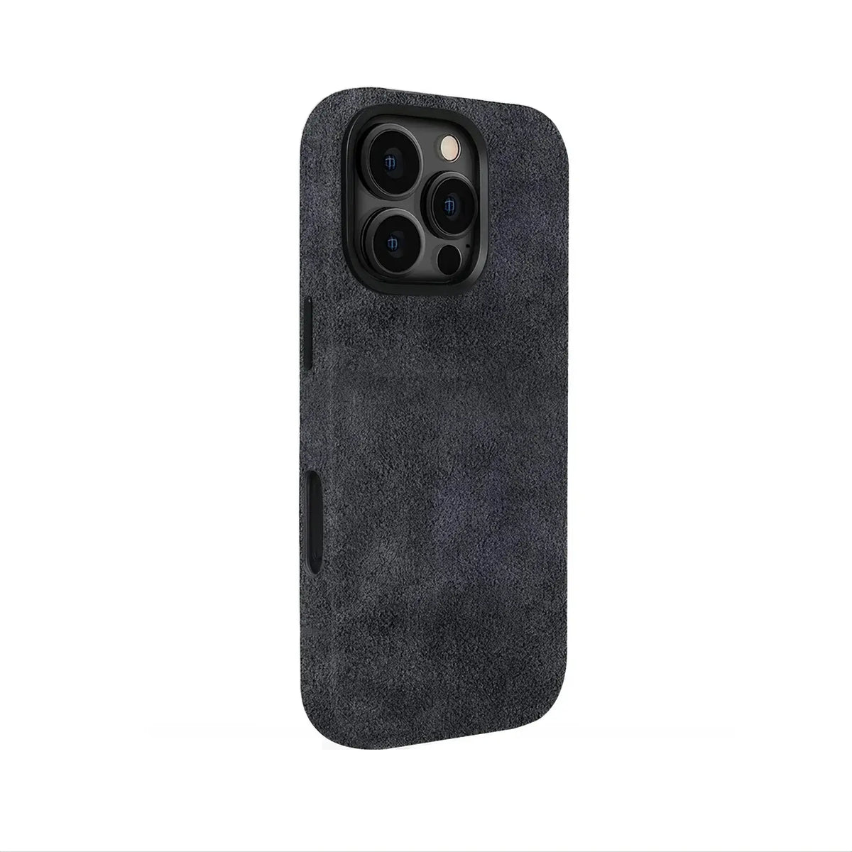 Grey iPhone 16 Pro Max case with stylish Alcantara fabric and durable protection by Carbon Loom.